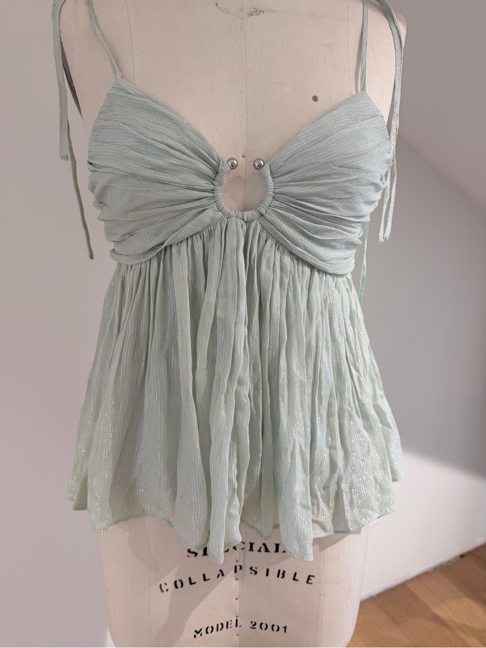 Parker Light Mint Green Ruched Ring-Front Tie Strap Camisole